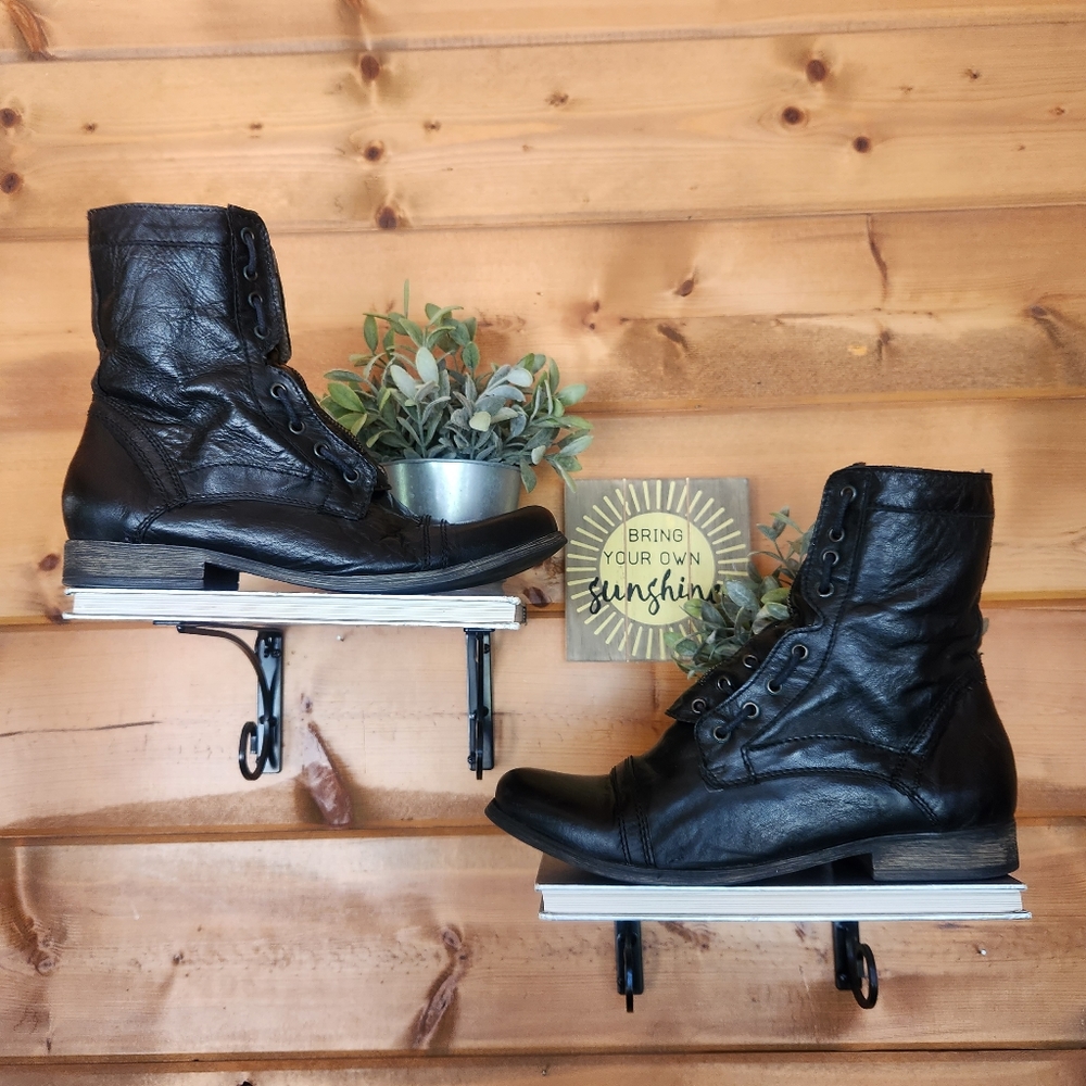 Steve Madden 💙 Trojann Black Leather Combat Boots Cap Toe Vertical Lace Men 11D